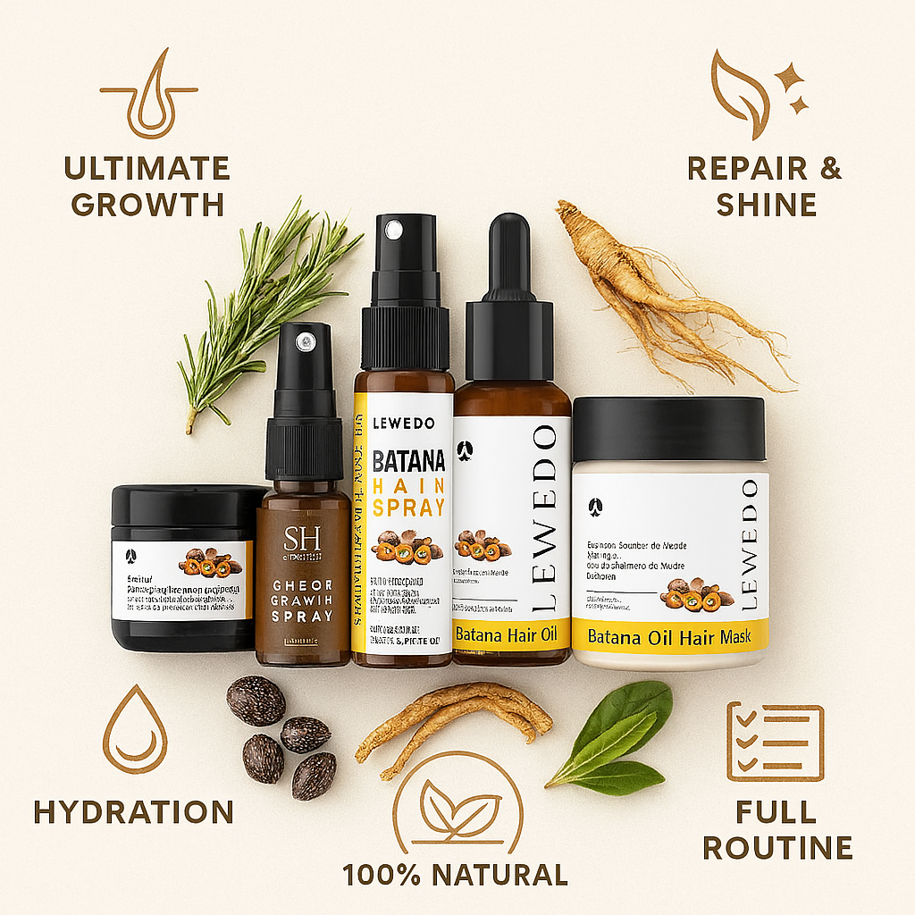 Lewedo Batana Complete Hair Care Bundle – Oil + Spray + Mask + Grease